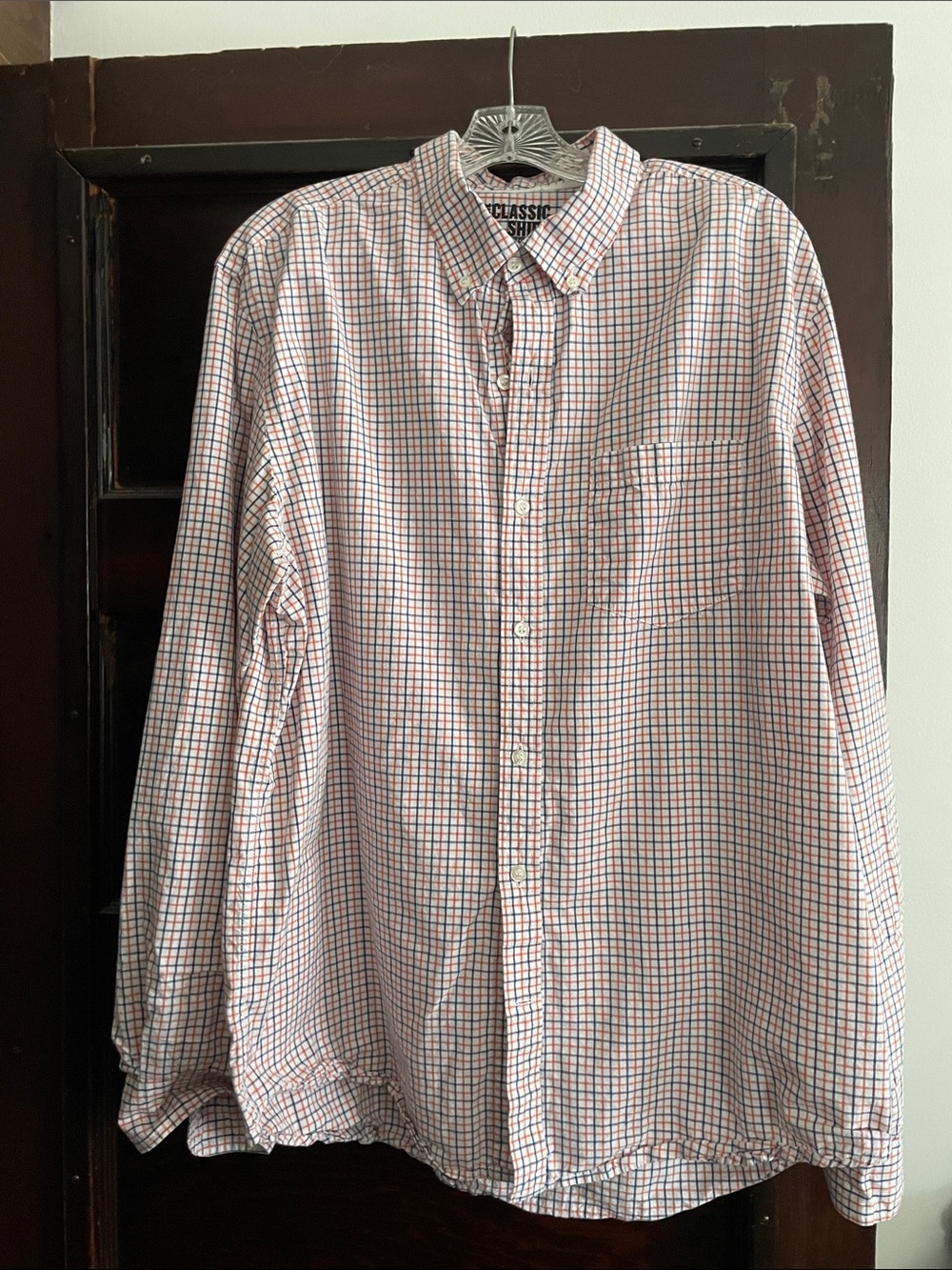 Classic Men's Button-Down Shirt in White with Orange and Blue Check